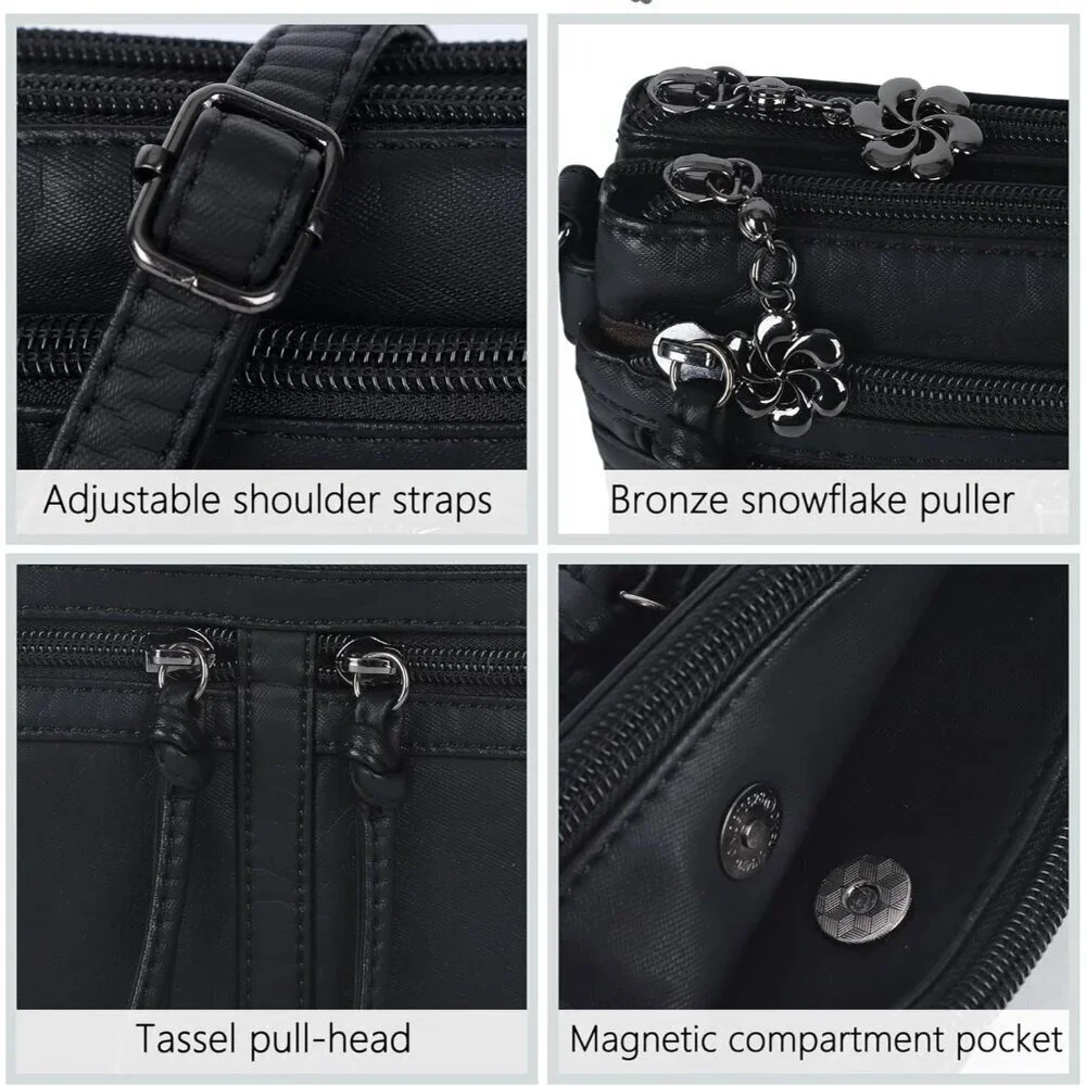 Leather Crossbody Bag Women Small Multi-Pocket Zipper Shoulder Purse